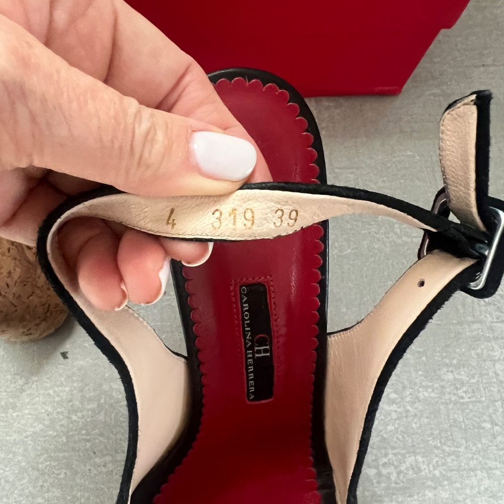 AUTHENTIC. Carolina Herrera BLACK SUEDE Wedge 100mm Ankle Strap Sling-back. - Picture 6 of 14